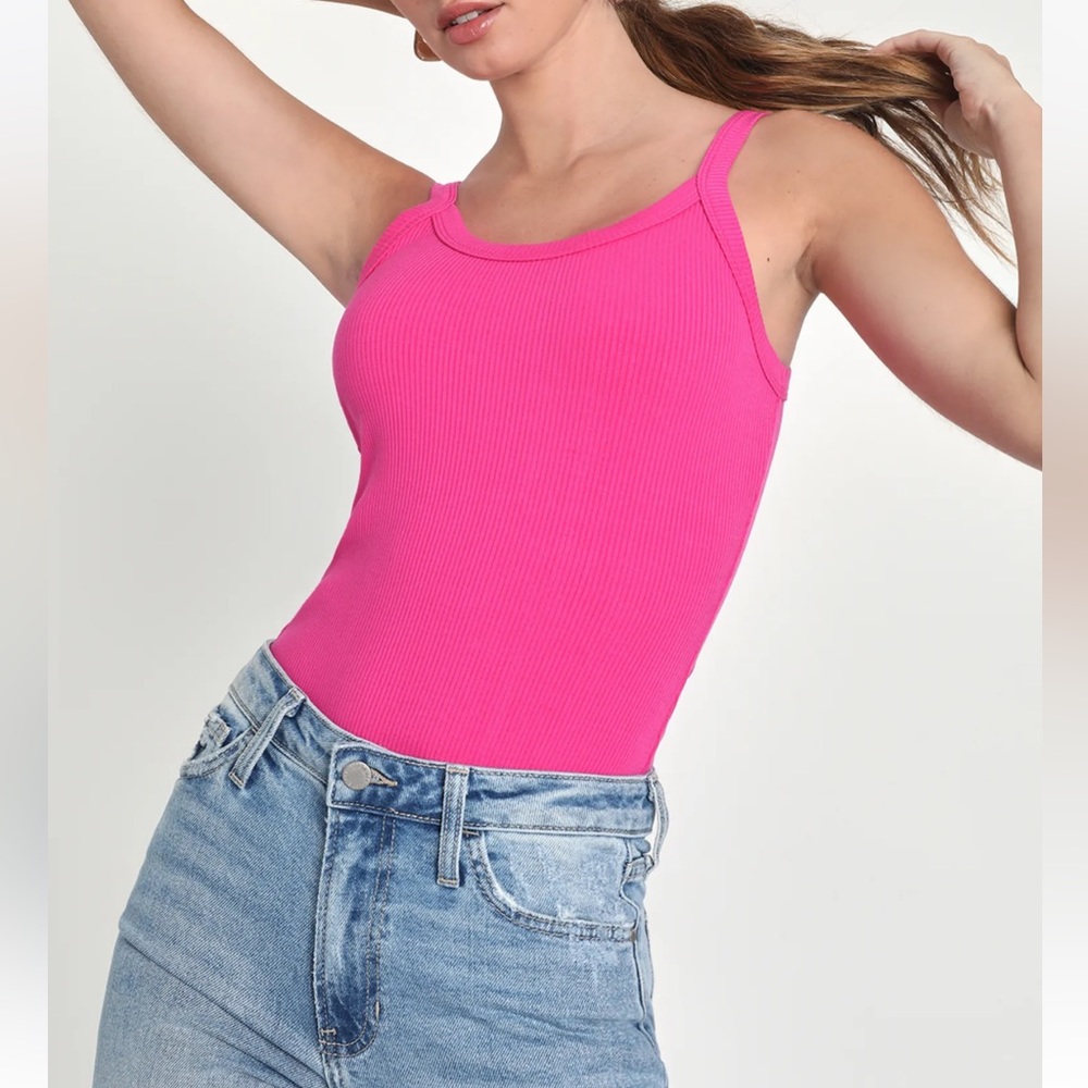 Lulus Cool Charisma Hot Pink Ribbed Cami Bodysuit